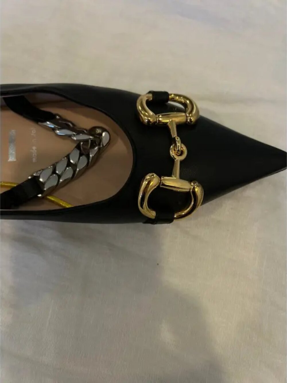 Gucci Women’s Black Leather Pointed Toe Flats – Gold Horsebit Detail - Picture 2 of 4